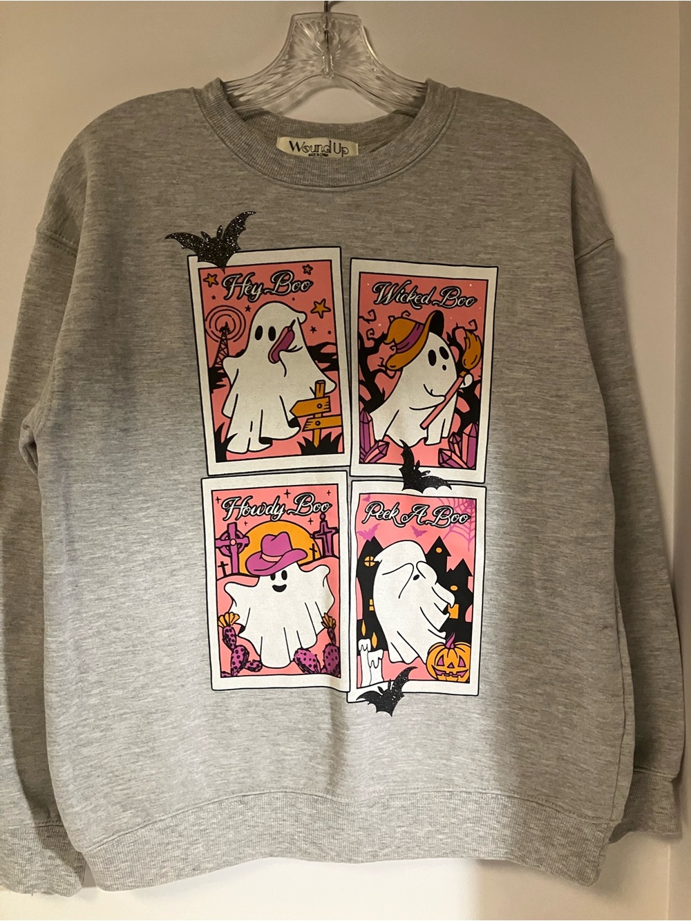 Wound Up Grey Crewneck Sweatshirt with Pink Ghost Panels